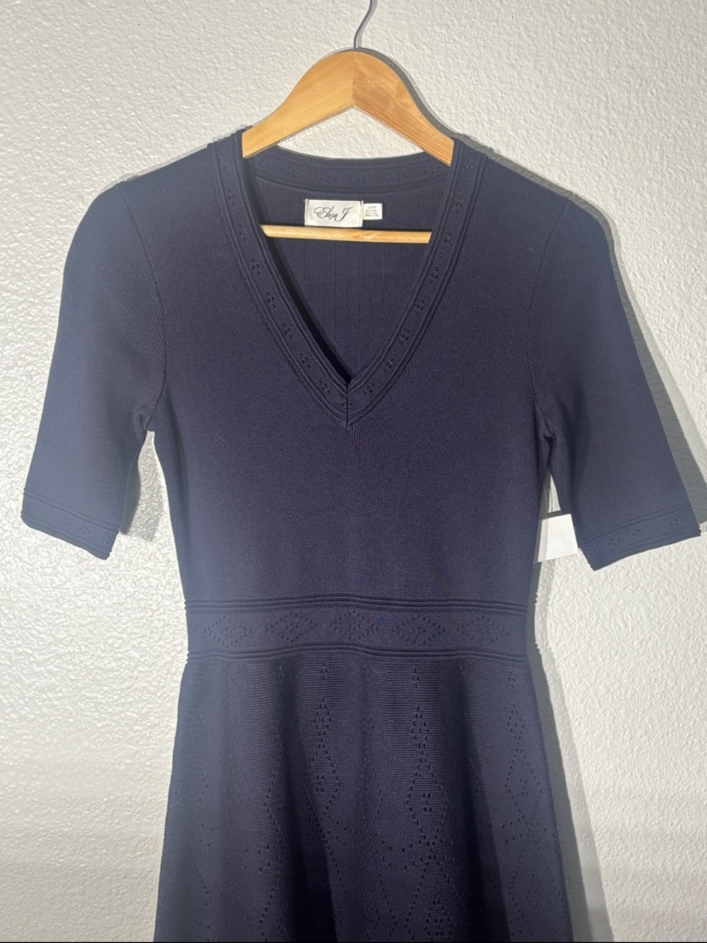 Eliza J Classic Navy V-Neck A-Line Fit-and-Flare  Knit Sweater Dress - Picture 7 of 16
